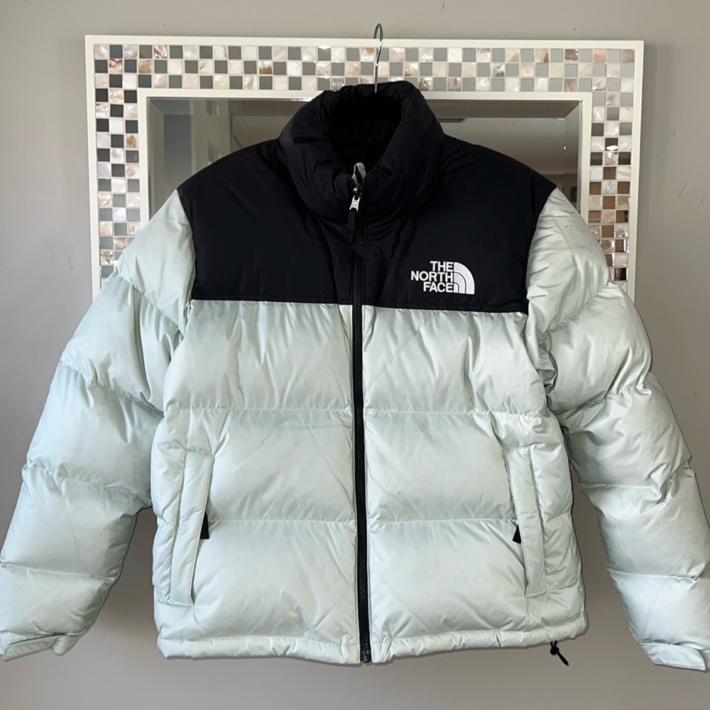 Nuptse jacket from The North Face spring 21 collection. Mint green.